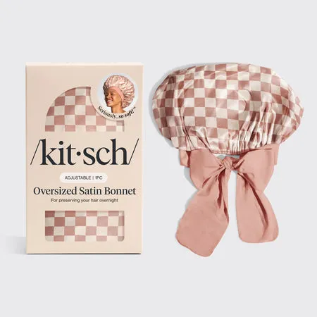 kitsch-terracotta-checker-oversized-satin-bonnet-satin-haube-karomuster image 1