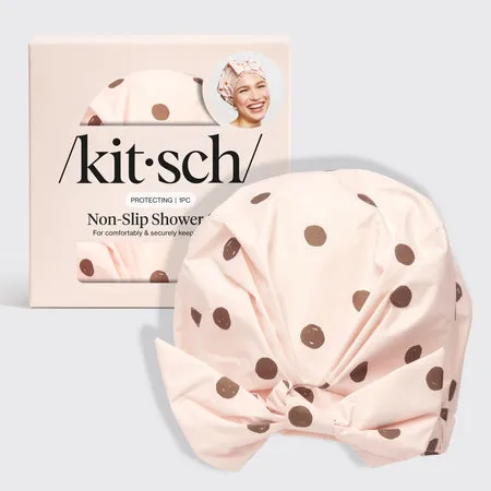kitsch-blush-dot-shower-cap-duschhaube-pink-gold-punkte image 1