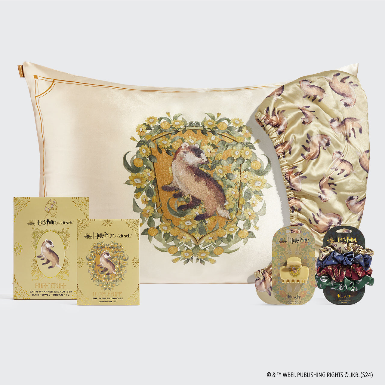 kitsch-x-harry-potter-hufflepuff-bundle-satin-kissenbezug-haarspangen-set image 2
