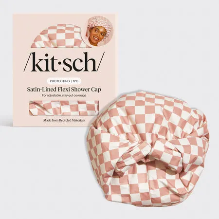 kitsch-terracotta-checker-satin-shower-cap-duschhaube-kariert image 1