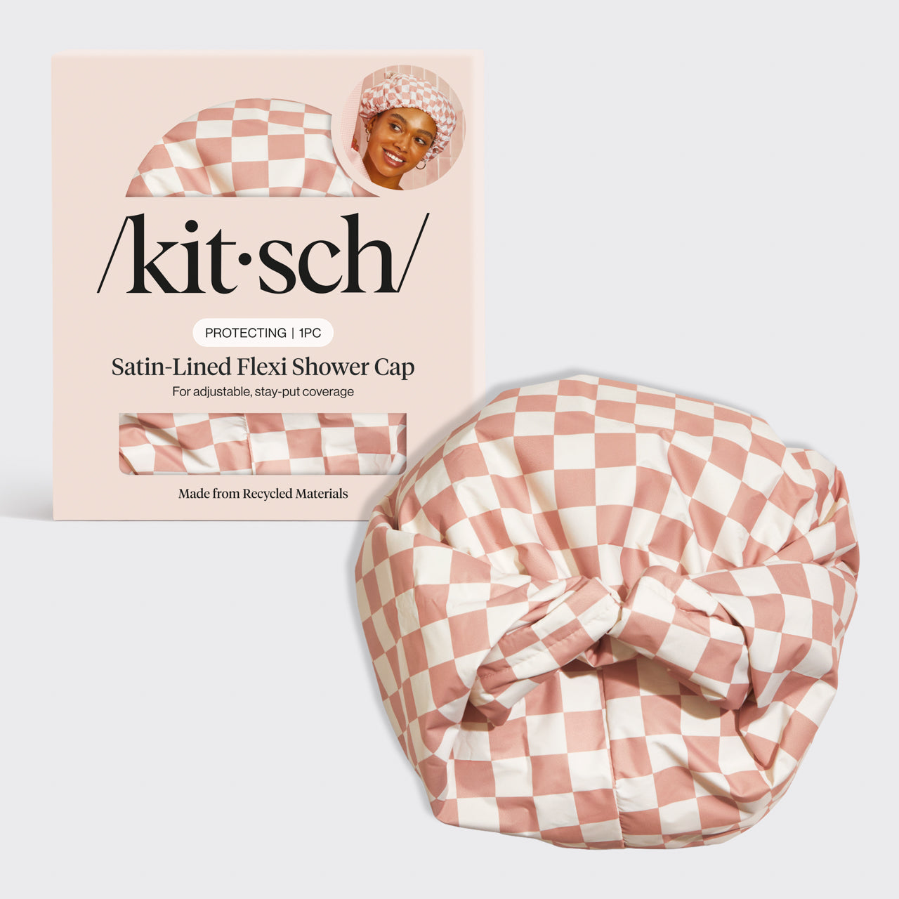 kitsch-terracotta-checker-satin-shower-cap-duschhaube-kariert image 2
