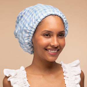 kitsch-gingham-blue-satin-lined-flexi-shower-cap-extra-weite-duschhaube image 7