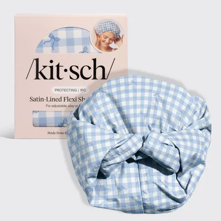 kitsch-gingham-blue-satin-lined-flexi-shower-cap-extra-weite-duschhaube image 1