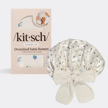 kitsch-pearlized-cream-coastal-blue-print-oversized-satin-bonnet-satin-schlafhau image 1