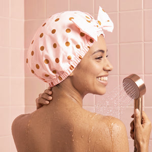 kitsch-blush-dot-shower-cap-duschhaube-pink-gold-punkte image 4