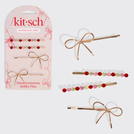 kitsch-red-pink-green-gemstone-and-bow-bobby-pins-schleife image 1