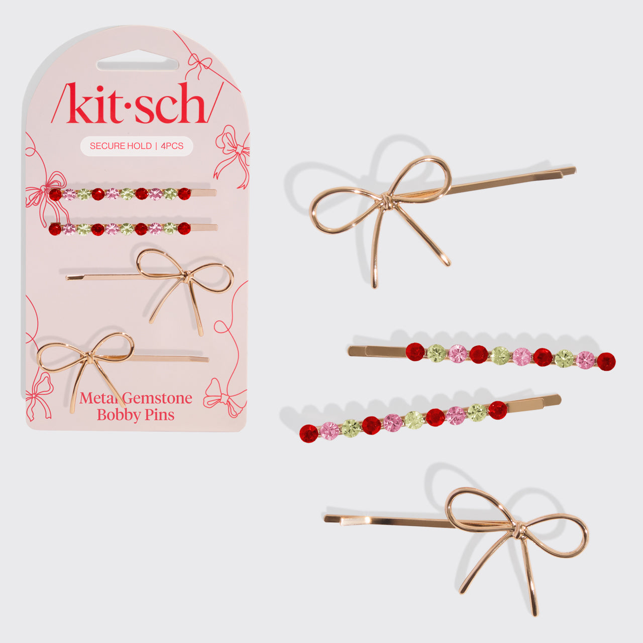 kitsch-red-pink-green-gemstone-and-bow-bobby-pins-schleife image 2